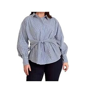 Lauren Ralph Lauren Women Top 2X Green White Striped Tie Waist Button Up Preppy